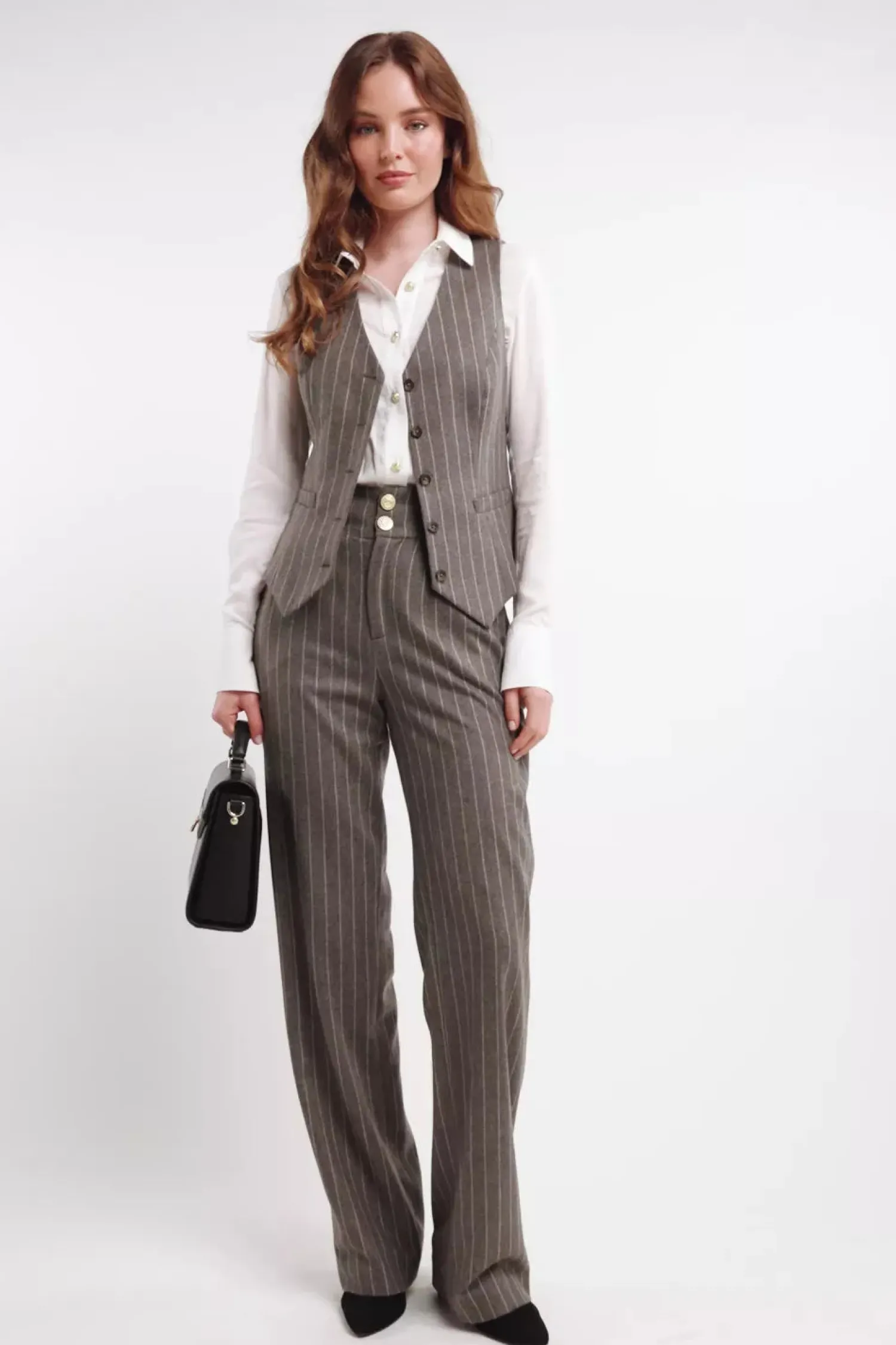 Hot High Waisted Straight Trouser (Soft Grey Pinstripe) Women Trousers|Tailoring