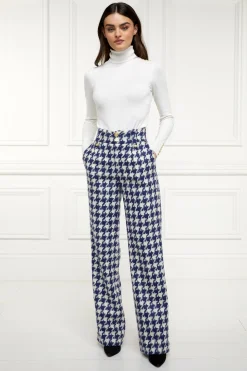 Discount High Waisted Straight Trouser (Large Scale Navy Houndstooth) Women Trousers|Tailoring