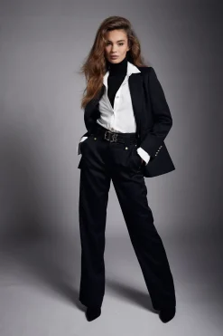 Fashion High Waisted Straight Trouser (Black Barathea) Women Trousers|Tailoring