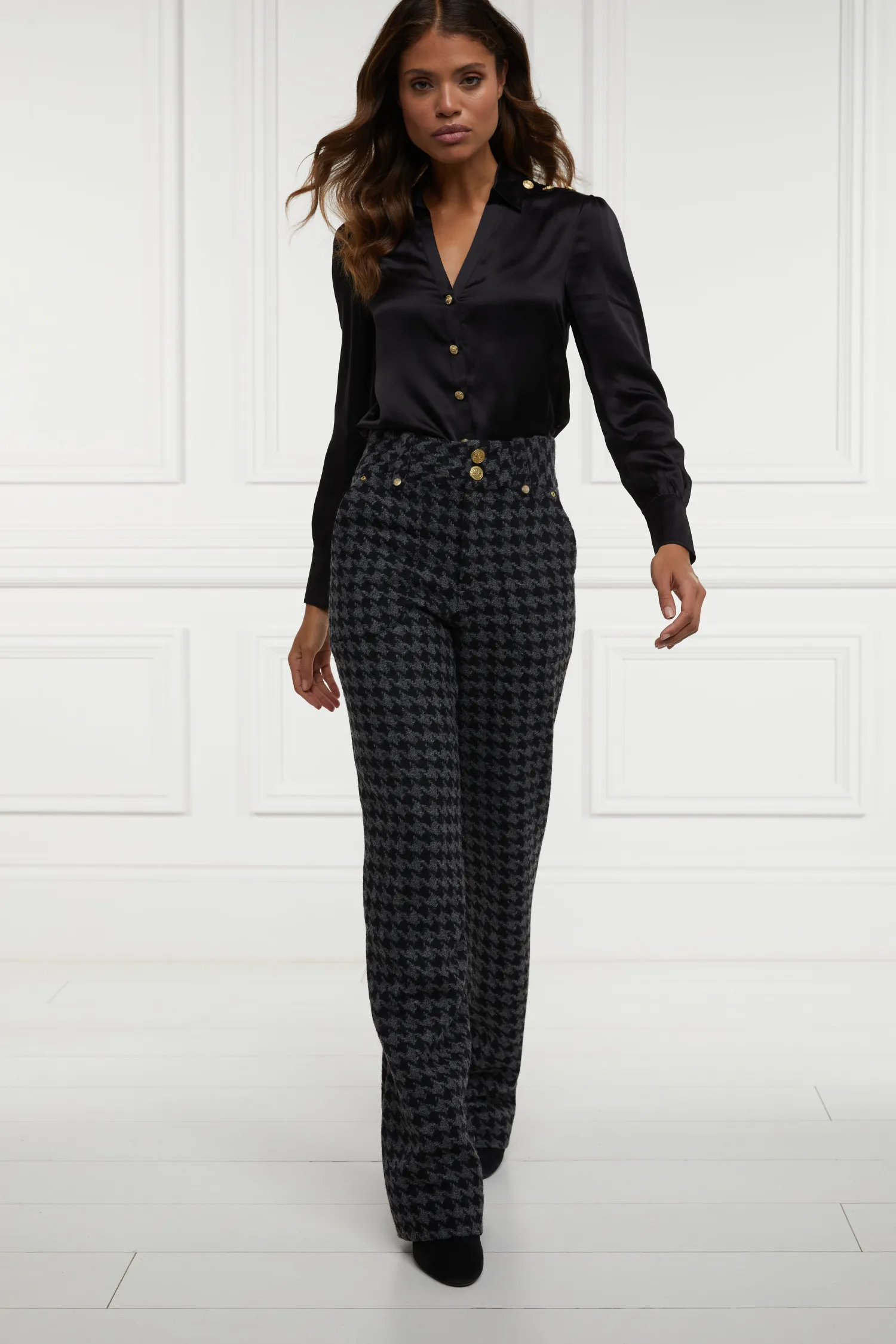 Discount High Waisted Straight Trouser (Large Scale Charcoal Houndstooth) Women Trousers|Tailoring