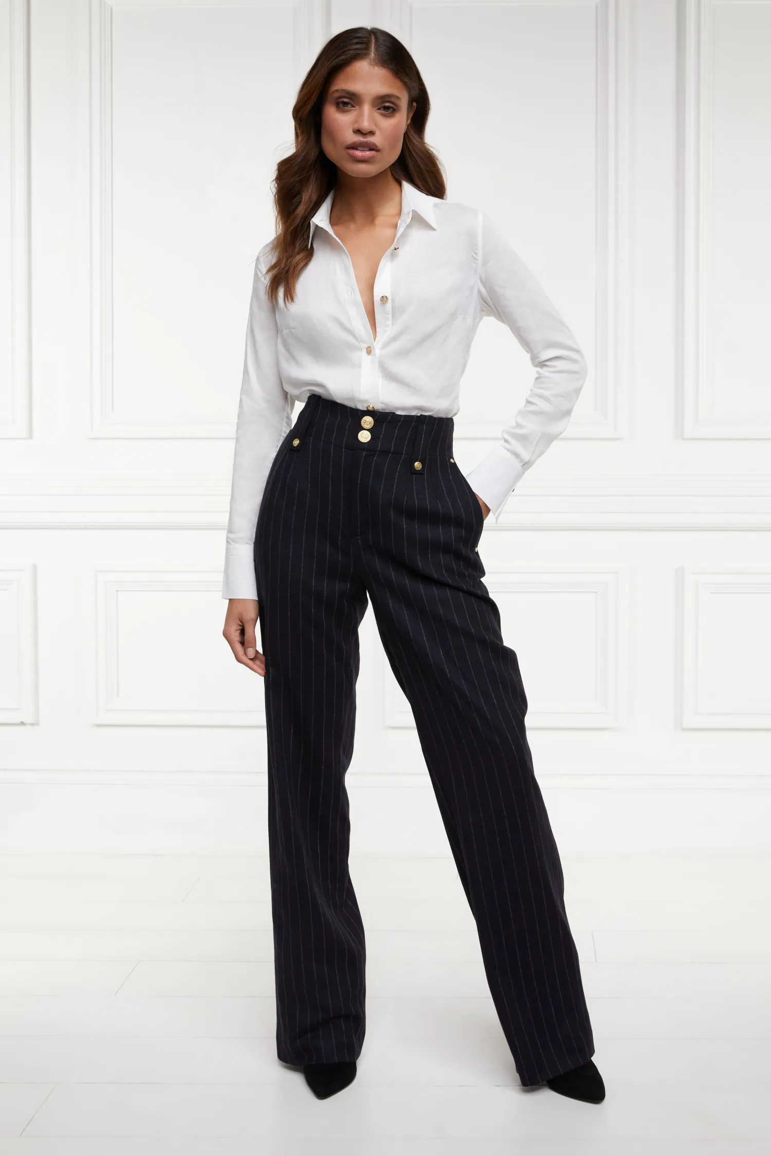 Best High Waisted Straight Trouser (Navy Chalk Pinstripe) Women Trousers|Tailoring