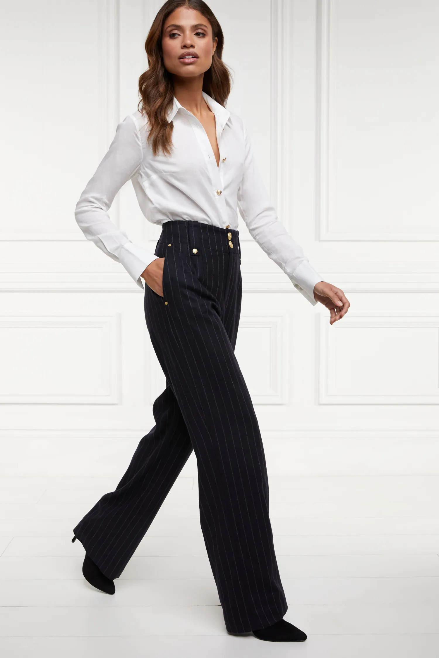 Best High Waisted Straight Trouser (Navy Chalk Pinstripe) Women Trousers|Tailoring