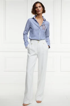 Online High Waisted Straight Trouser (Oyster Linen Pinstripe) Women Trousers|Tailoring