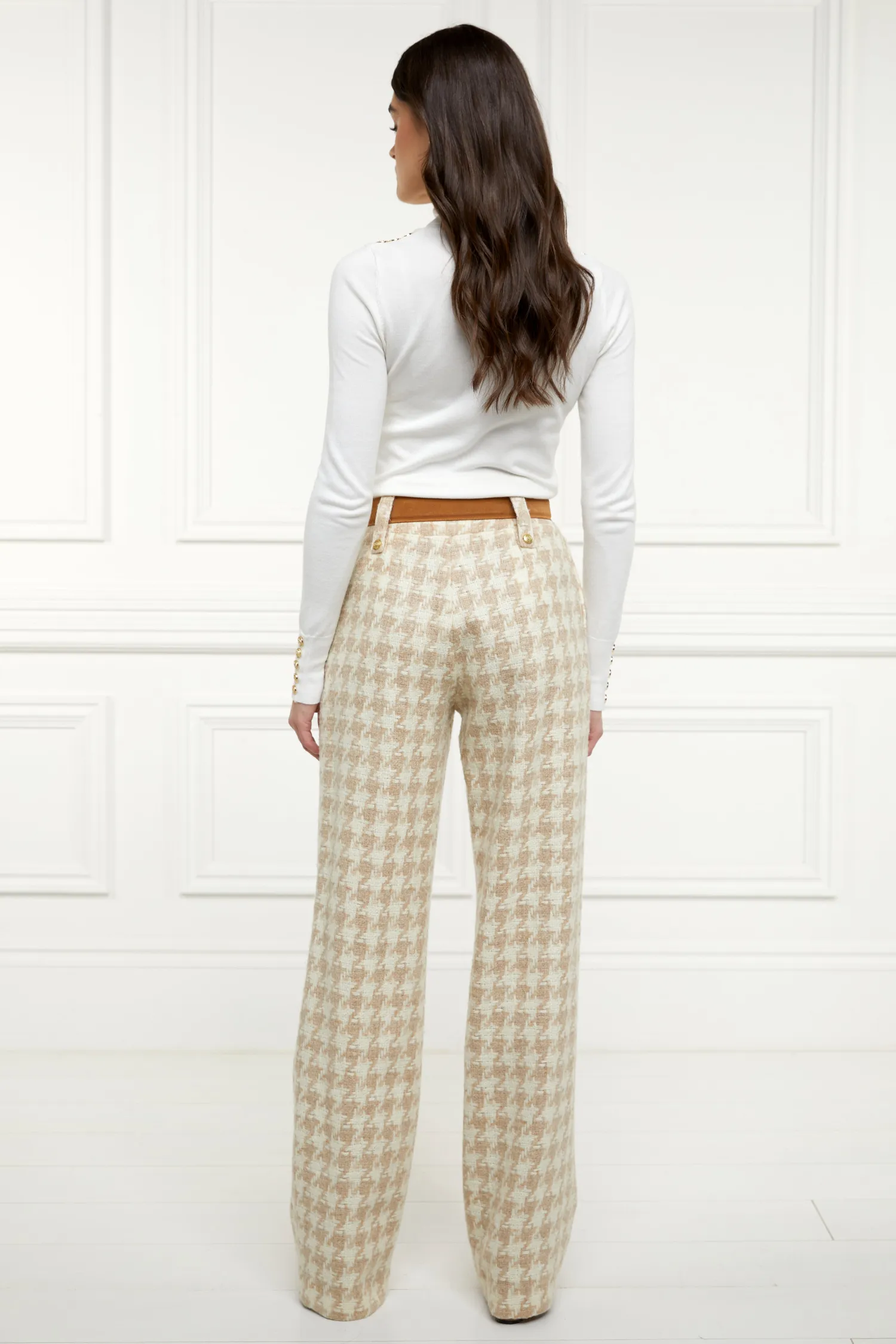 Sale High Waisted Straight Trouser (Camel Houndstooth) Women Trousers|Tailoring