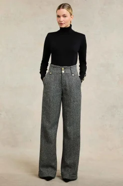 Fashion High Waisted Wide Leg Trouser (Wide Tooth Black Herringbone) Women Trousers|Tailoring