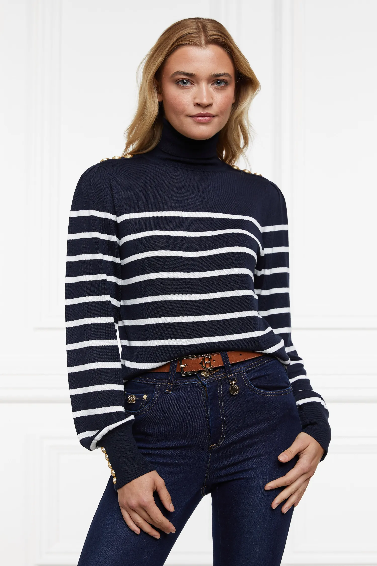 Hot Kelsie Roll Neck Knit (Ink Navy Natural Stripe) Women Knitwear