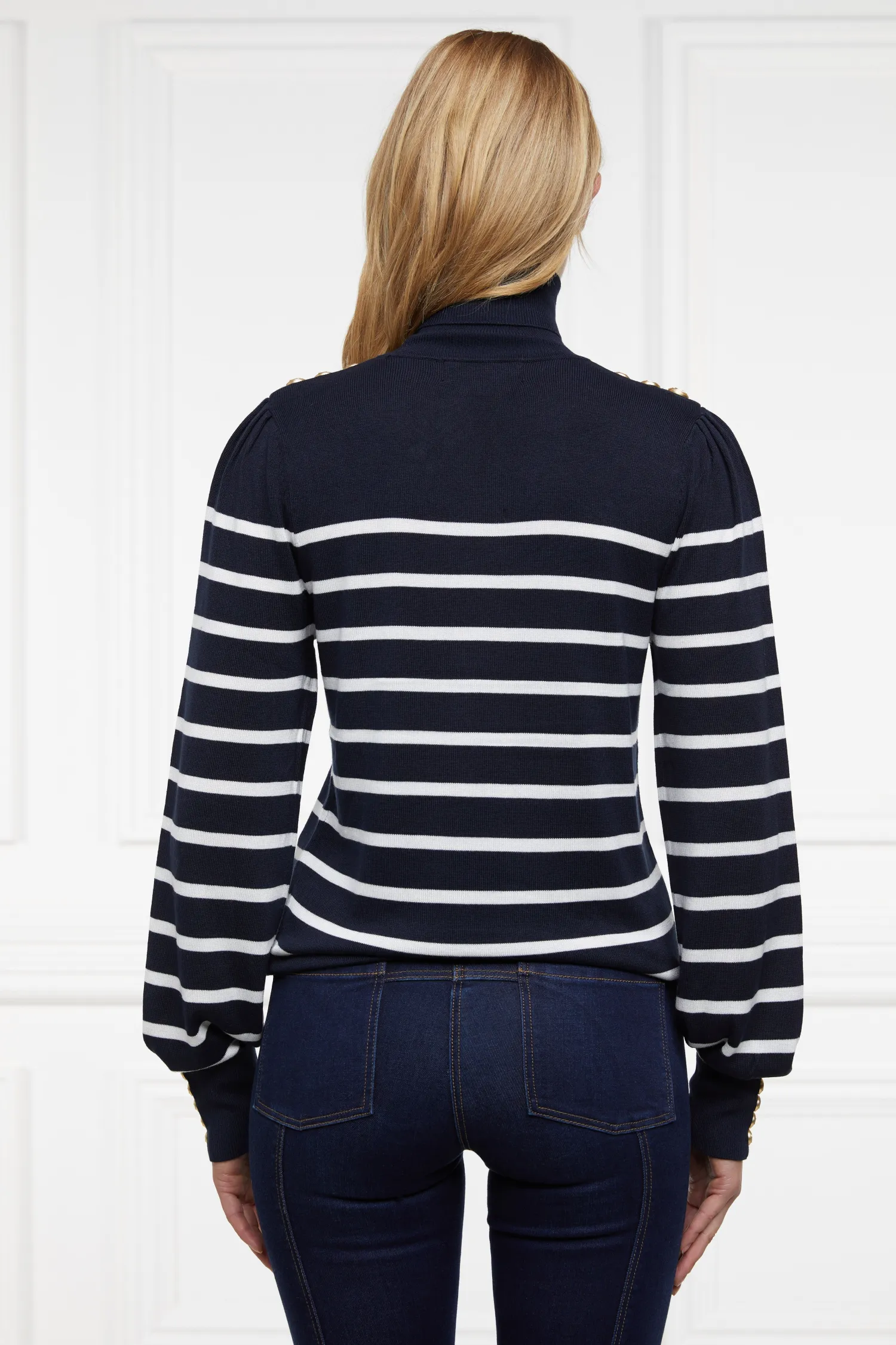 Hot Kelsie Roll Neck Knit (Ink Navy Natural Stripe) Women Knitwear
