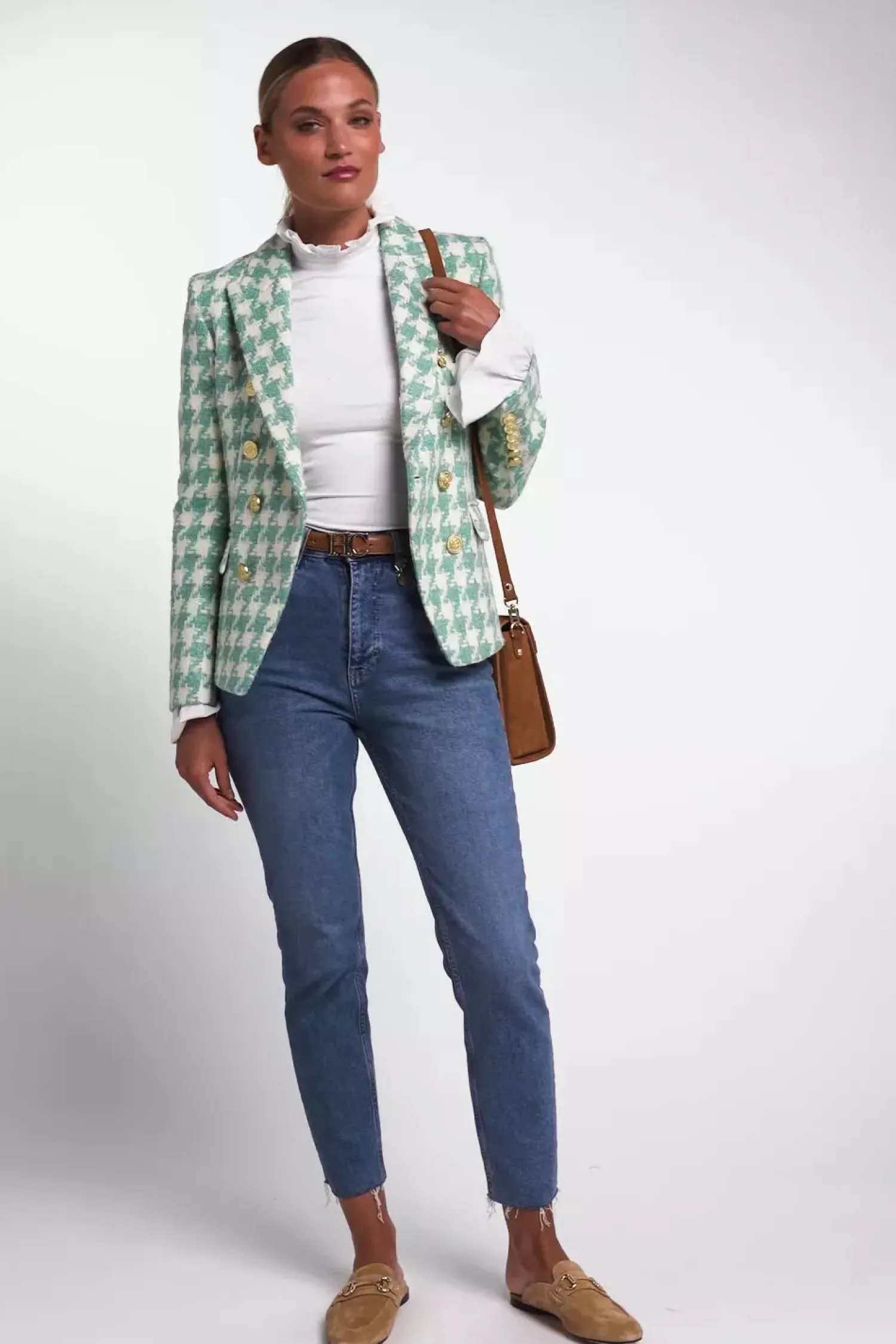Fashion Knightsbridge Blazer (Large Scale Teal Houndstooth) Women Blazers|Tailoring