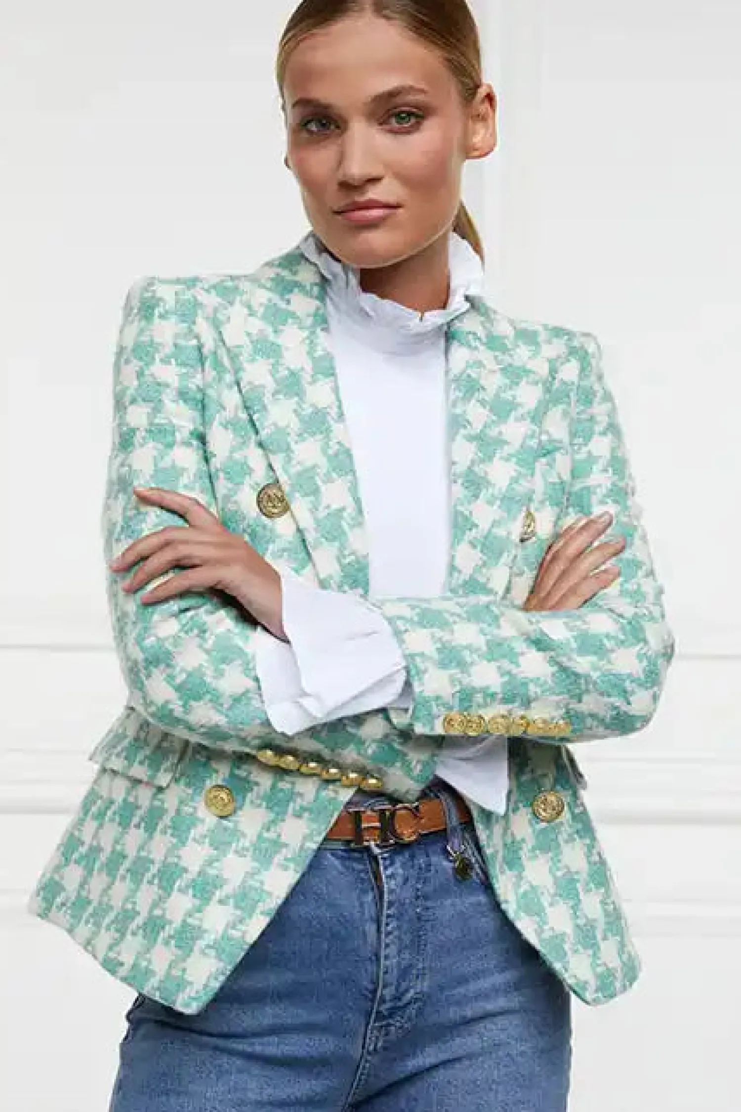 Fashion Knightsbridge Blazer (Large Scale Teal Houndstooth) Women Blazers|Tailoring