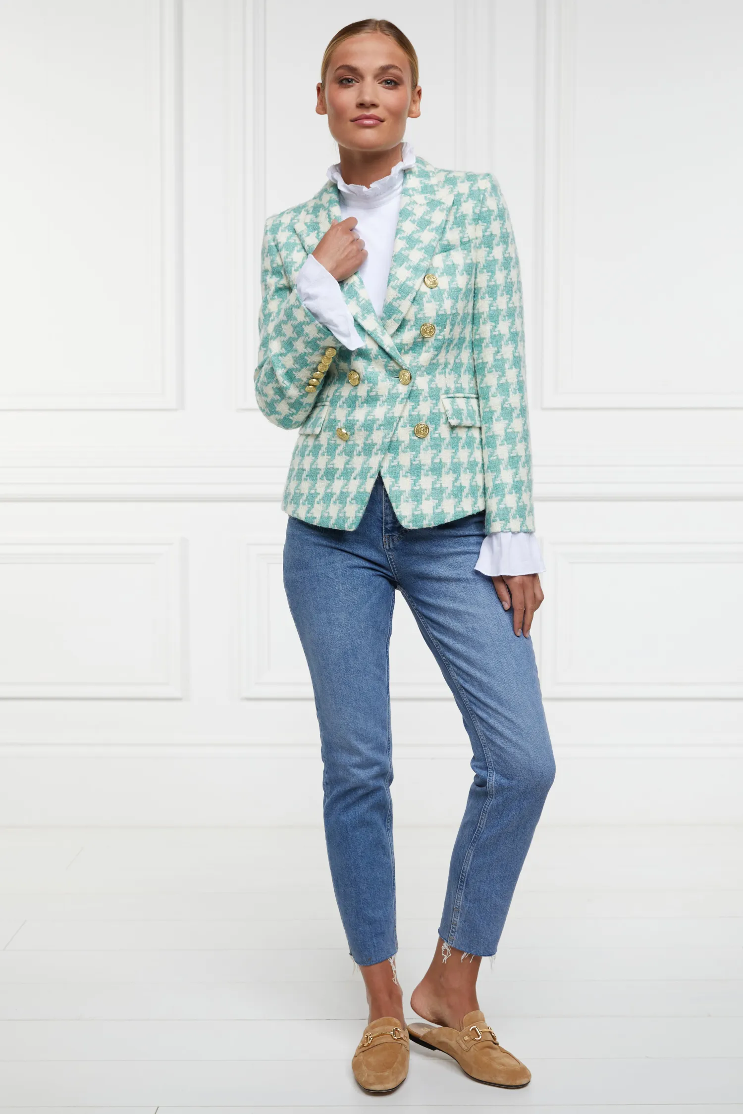 Fashion Knightsbridge Blazer (Large Scale Teal Houndstooth) Women Blazers|Tailoring