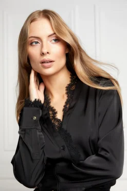Discount Lace V-Neck Blouse (Black Satin) Women Shirts & Blouses