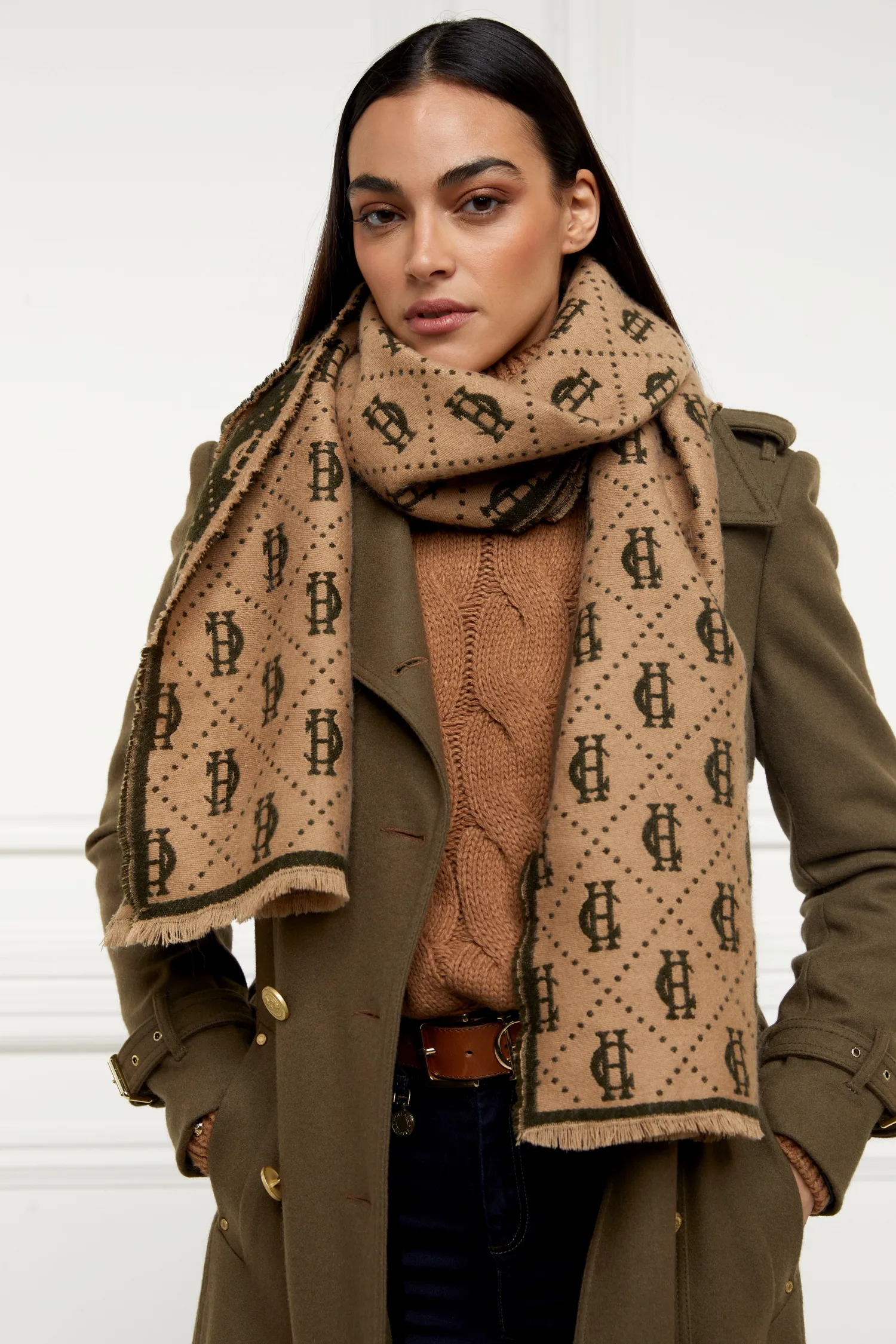 New Lightweight Monogram Scarf (Light Camel Forest Green) Women Scarves|Scarves