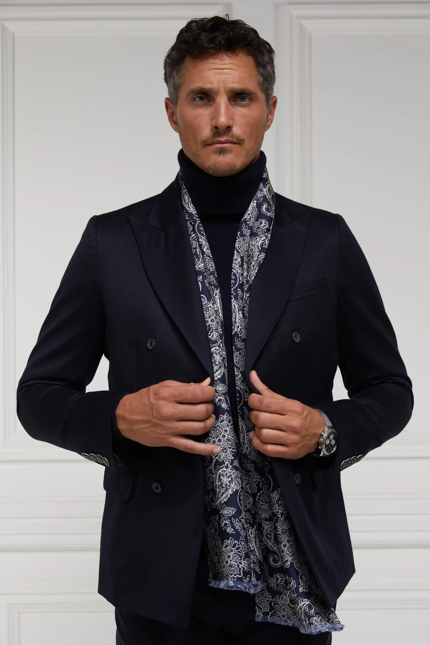 Online Men's Silk Scarf (Ink Navy Cream Paisley) Scarves|Scarves