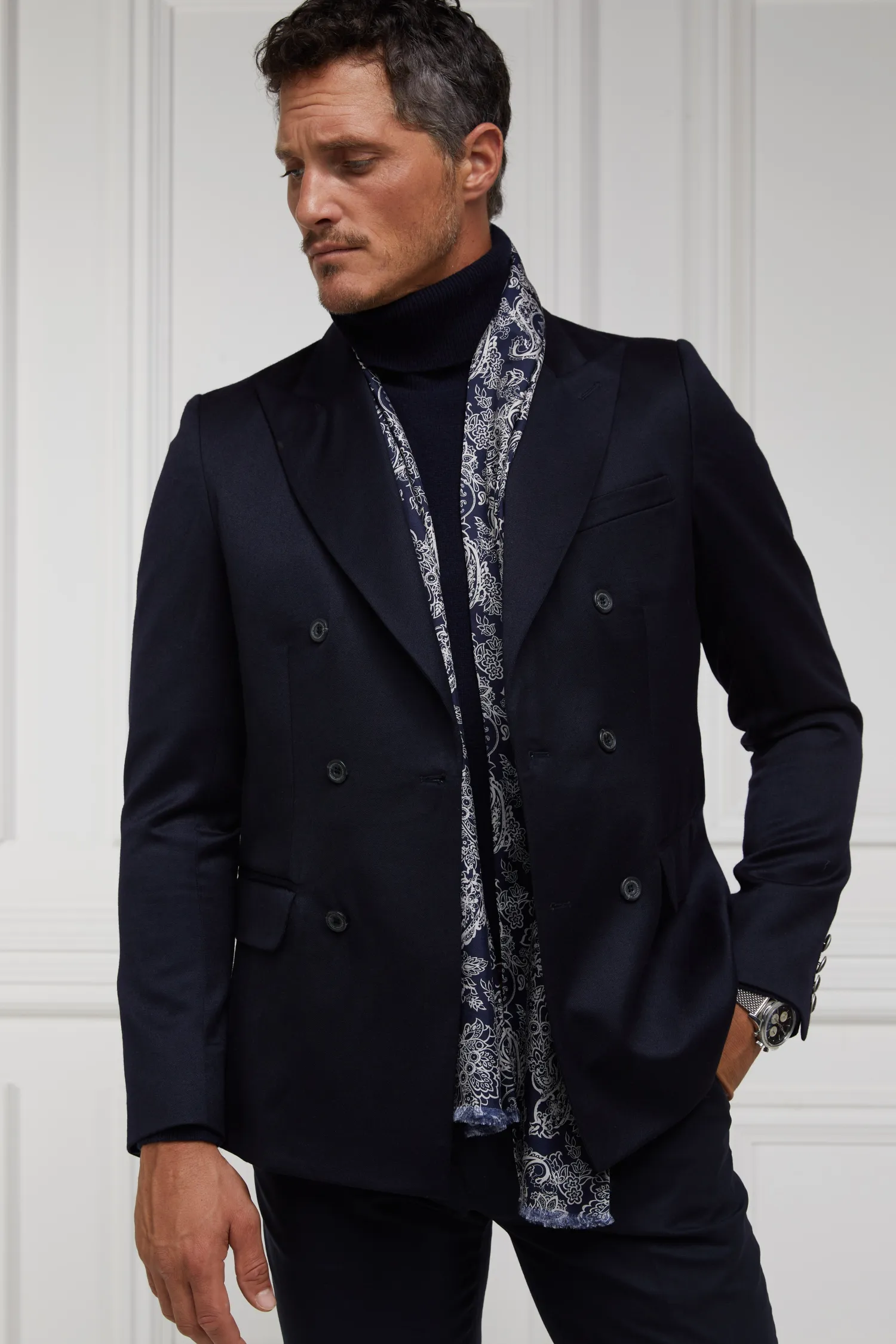 Online Men's Silk Scarf (Ink Navy Cream Paisley) Scarves|Scarves