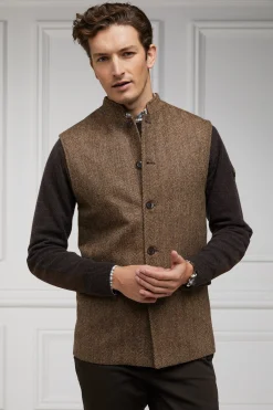 Clearance Nehru Gilet (Large Scale Brown Herringbone) Gilets|Waistcoats