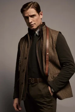 Clearance Nehru Gilet (Large Scale Brown Herringbone) Gilets|Waistcoats