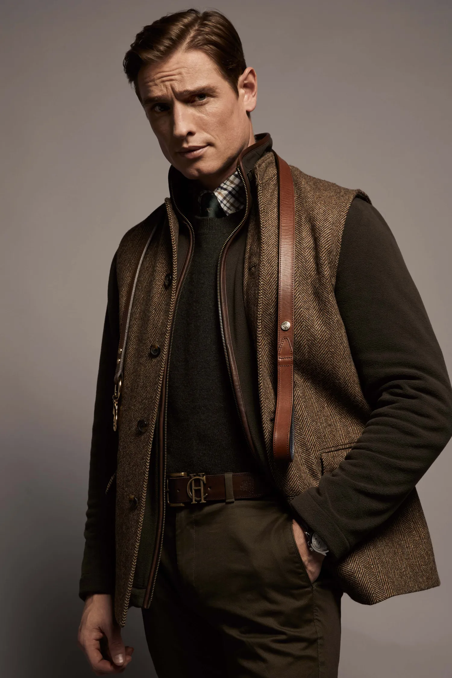 Clearance Nehru Gilet (Large Scale Brown Herringbone) Gilets|Waistcoats