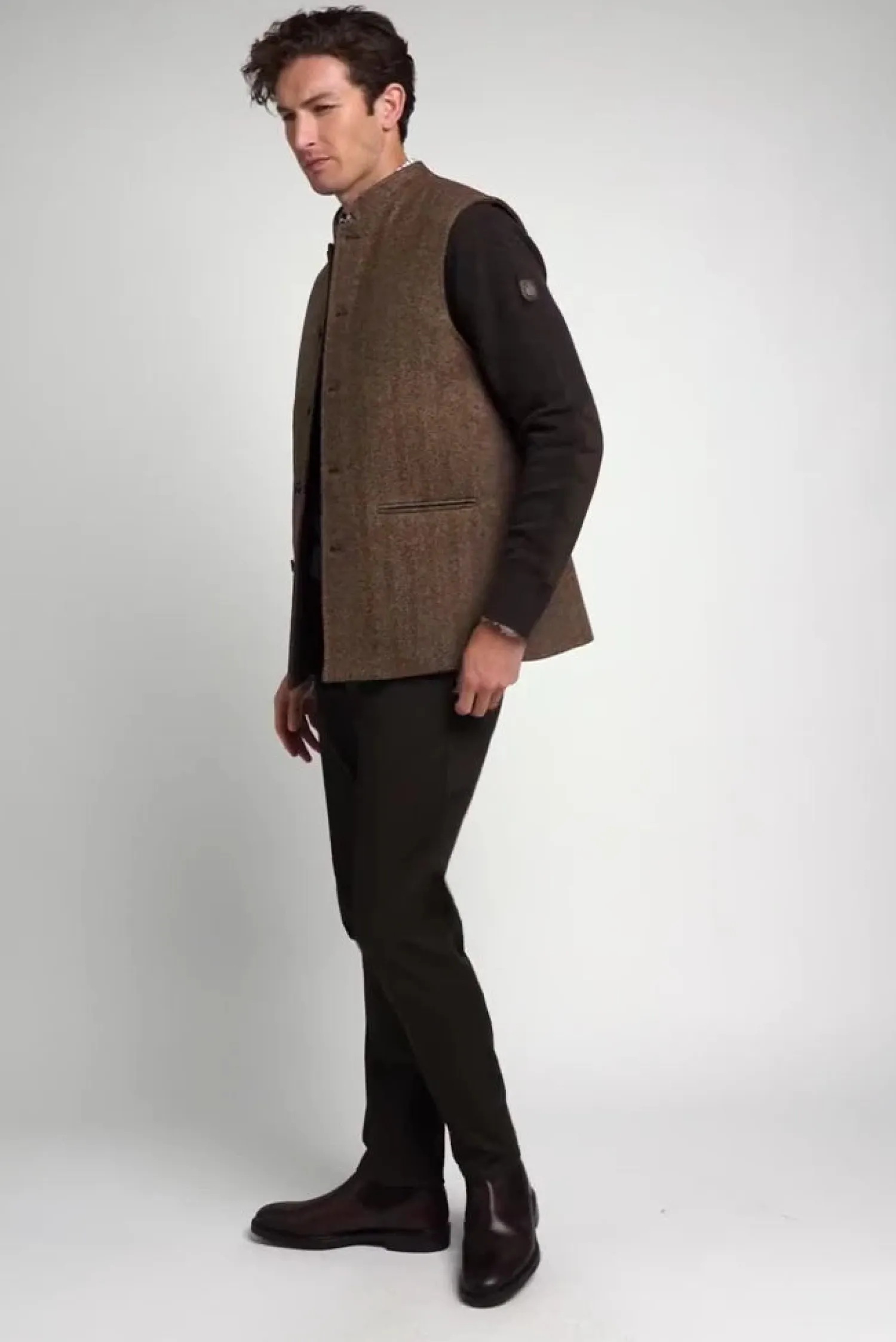 Clearance Nehru Gilet (Large Scale Brown Herringbone) Gilets|Waistcoats