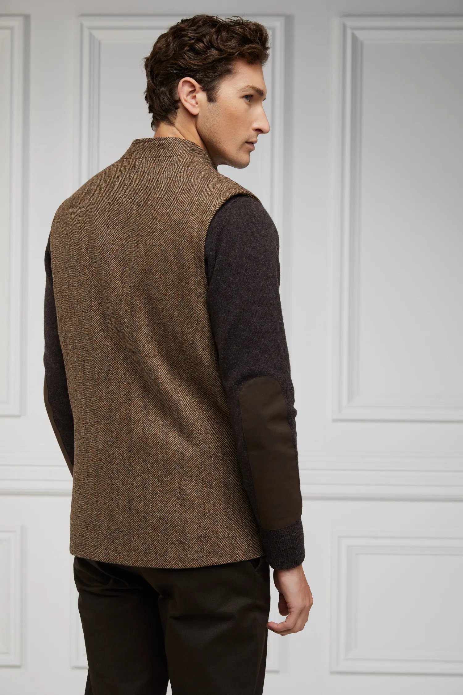 Clearance Nehru Gilet (Large Scale Brown Herringbone) Gilets|Waistcoats