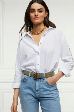Discount Oversized Cotton Lace Shirt (Tick Stripe Sky Blue) Women Shirts & Blouses