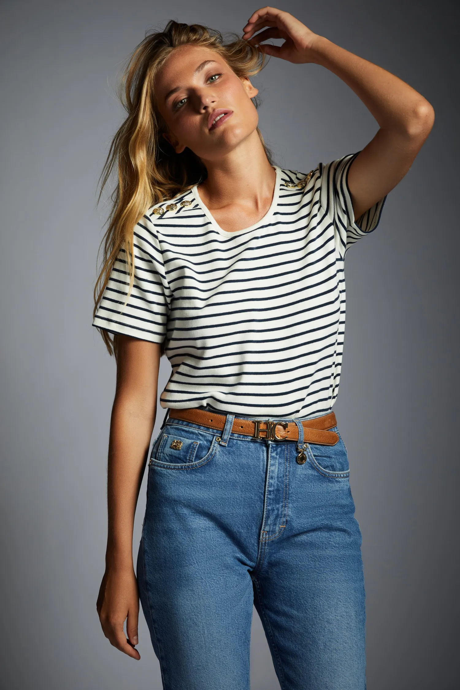 Clearance Padstow Crew Neck Tee (Natural Ink Navy Stripe) Women Tees|Tops
