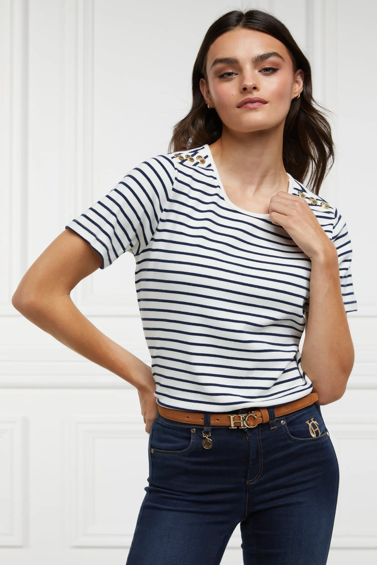 Clearance Padstow Crew Neck Tee (Natural Ink Navy Stripe) Women Tees|Tops