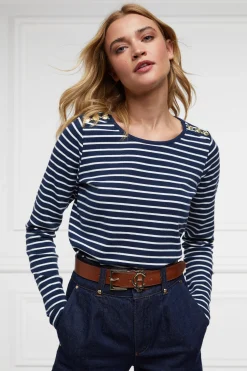 Outlet Padstow Long Sleeve Crew Neck Tee (Ink Navy Natural Stripe) Women Tees|Tops