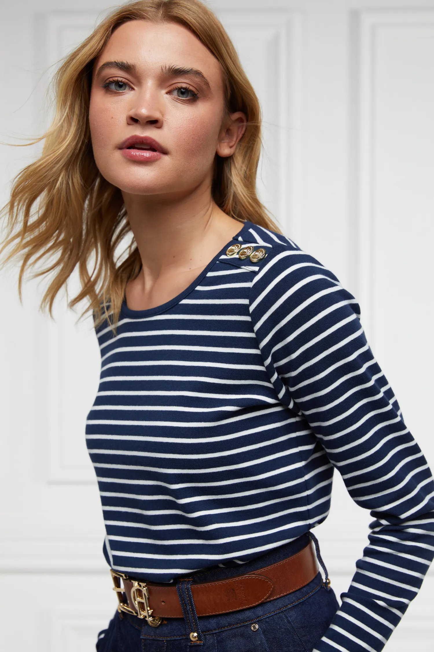 Outlet Padstow Long Sleeve Crew Neck Tee (Ink Navy Natural Stripe) Women Tees|Tops