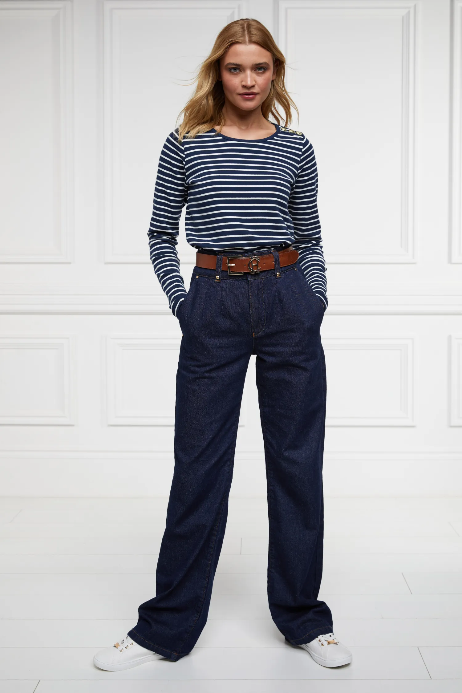 Outlet Padstow Long Sleeve Crew Neck Tee (Ink Navy Natural Stripe) Women Tees|Tops