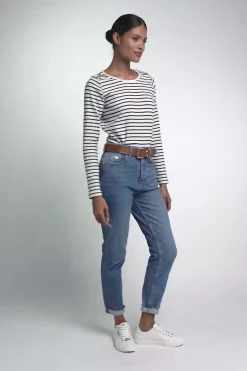 Outlet Padstow Long Sleeve Crew Neck Tee (Natural Ink Navy Stripe) Women Tees|Tops
