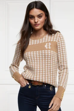 Fashion Panel Crew Neck Knit (Camel Houndstooth) Women Knitwear