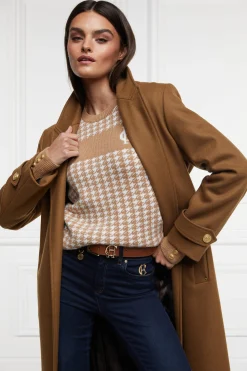 Fashion Panel Crew Neck Knit (Camel Houndstooth) Women Knitwear