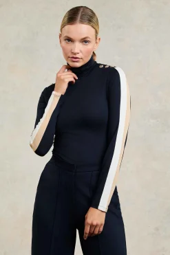 New Panel Long Sleeve Roll Neck (Navy Ecru) Women Tops