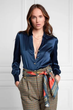 Clearance Silk V-Neck Blouse (Petrol Blue) Women Shirts & Blouses